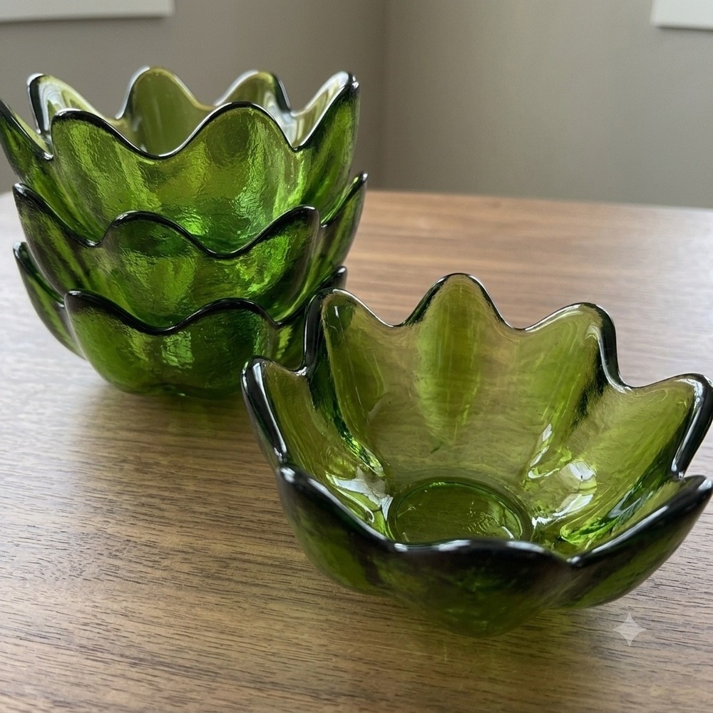 Blenko 6143S Olive Green Lotus Petal‎ Bowls Mid Century 5.5" Set of 4